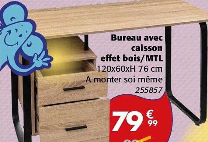 Bureau avec caisson effet bois/MTL 120x60xH 76 cm