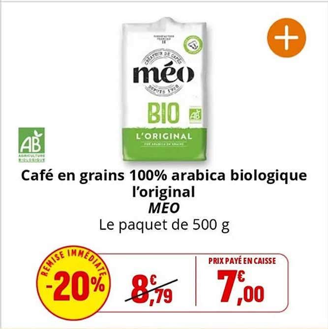 Café en grains 100% arabica biologique l'original MEO Le paquet de 500 g