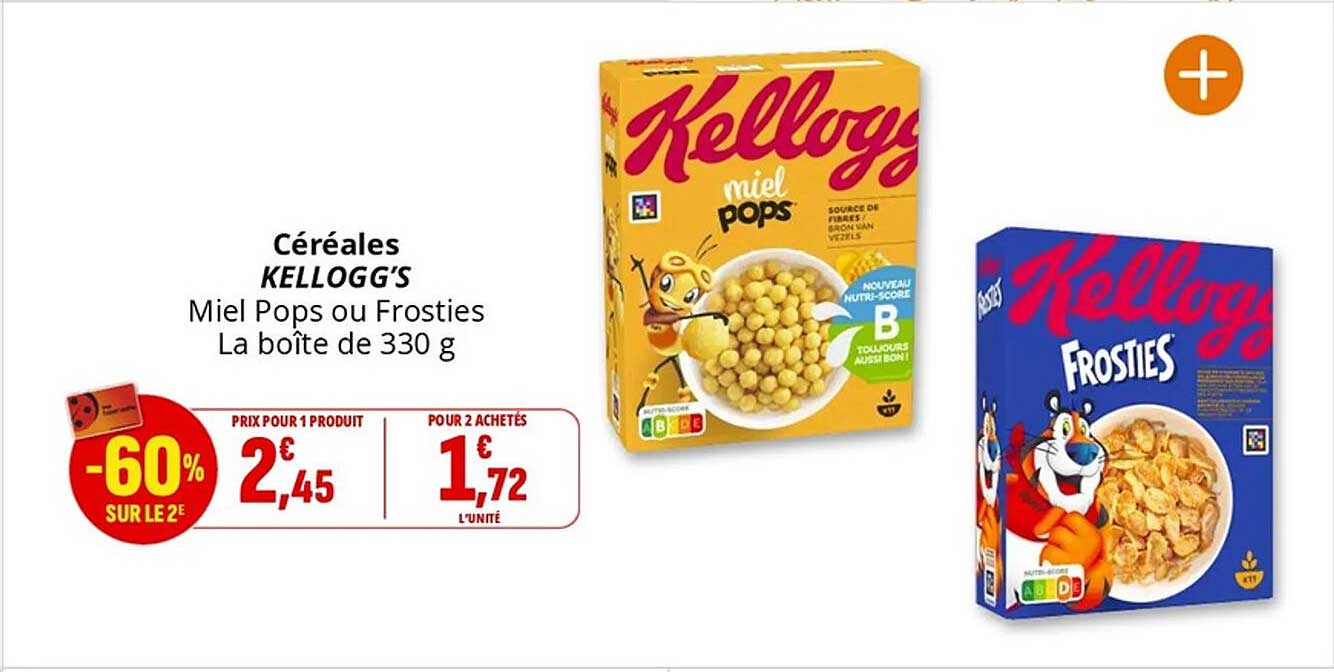Céréales KELLOGG’S Miel Pops ou Frosties La boîte de 330 g