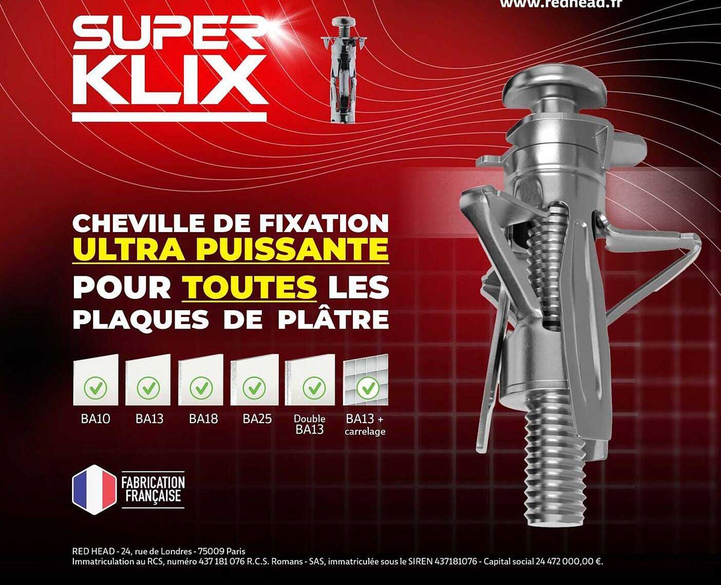 CHEVILLE DE FIXATION ULTRA PUISSANTE POUR TOUTES LES PLAQUES DE PLÂTRE