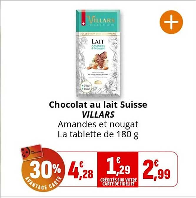 Chocolat au lait Suisse VILLARS Amandes et nougat La tablette de 180 g