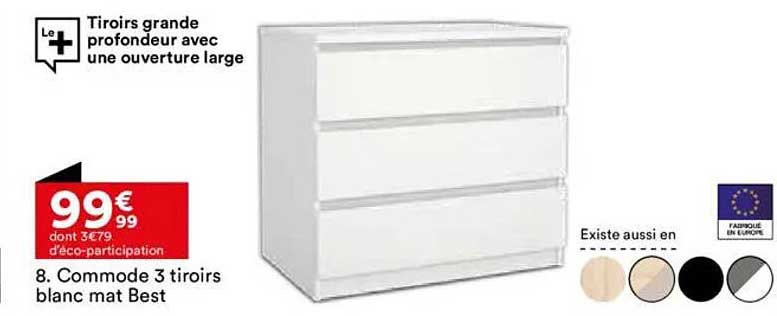 Commode 3 tiroirs blanc mat Best