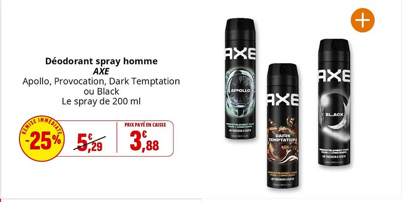 Déodorant spray homme AXE Apollo, Provocation, Dark Temptation ou Black Le spray de 200 ml