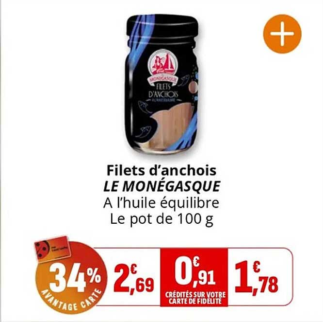 Filets d'anchois LE MONÉGASQUE A l'huile équilibré Le pot de 100 g