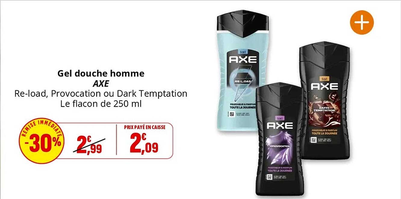 Gel douche homme AXE Re-load, Provocation ou Dark Temptation Le flacon de 250 ml