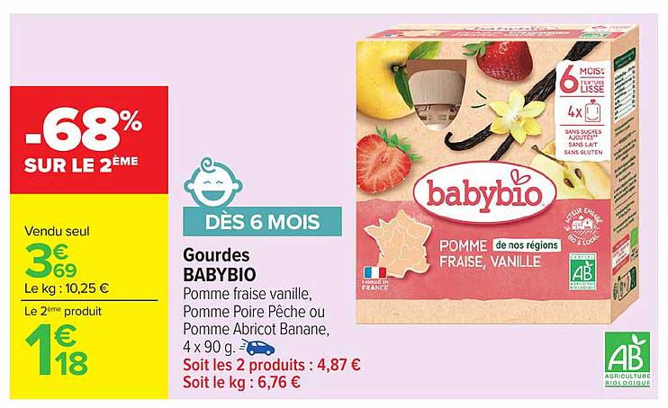 Gourdes BABYBIO - Pomme fraise vanille, Pomme Poire Pêche ou Pomme Abricot Banane, 4 x 90 g