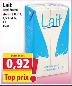 Lait demi-écrémé stérilisé U.H.T., 1,5% M.G., 1 L
