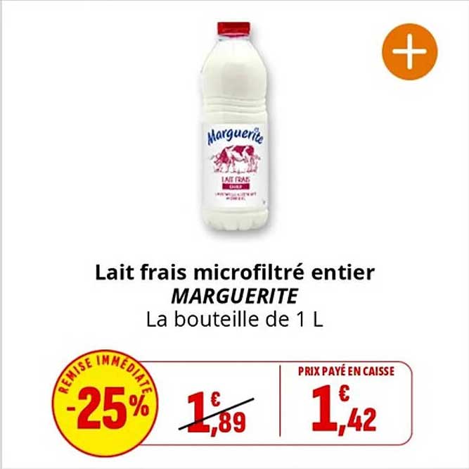 Lait frais microfiltré entier MARGUERITE La bouteille de 1 L