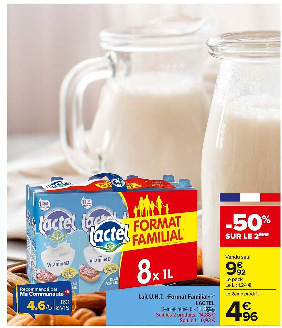 Lait U.H.T. «Format Familial» Lactel 8 x 1L