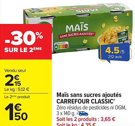 Maïs sans sucres ajoutés CARREFOUR CLASSIC'