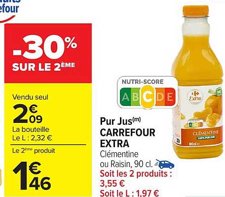 Pur Jus(m) CARREFOUR EXTRA Clémentine ou Raisin, 90 cl.