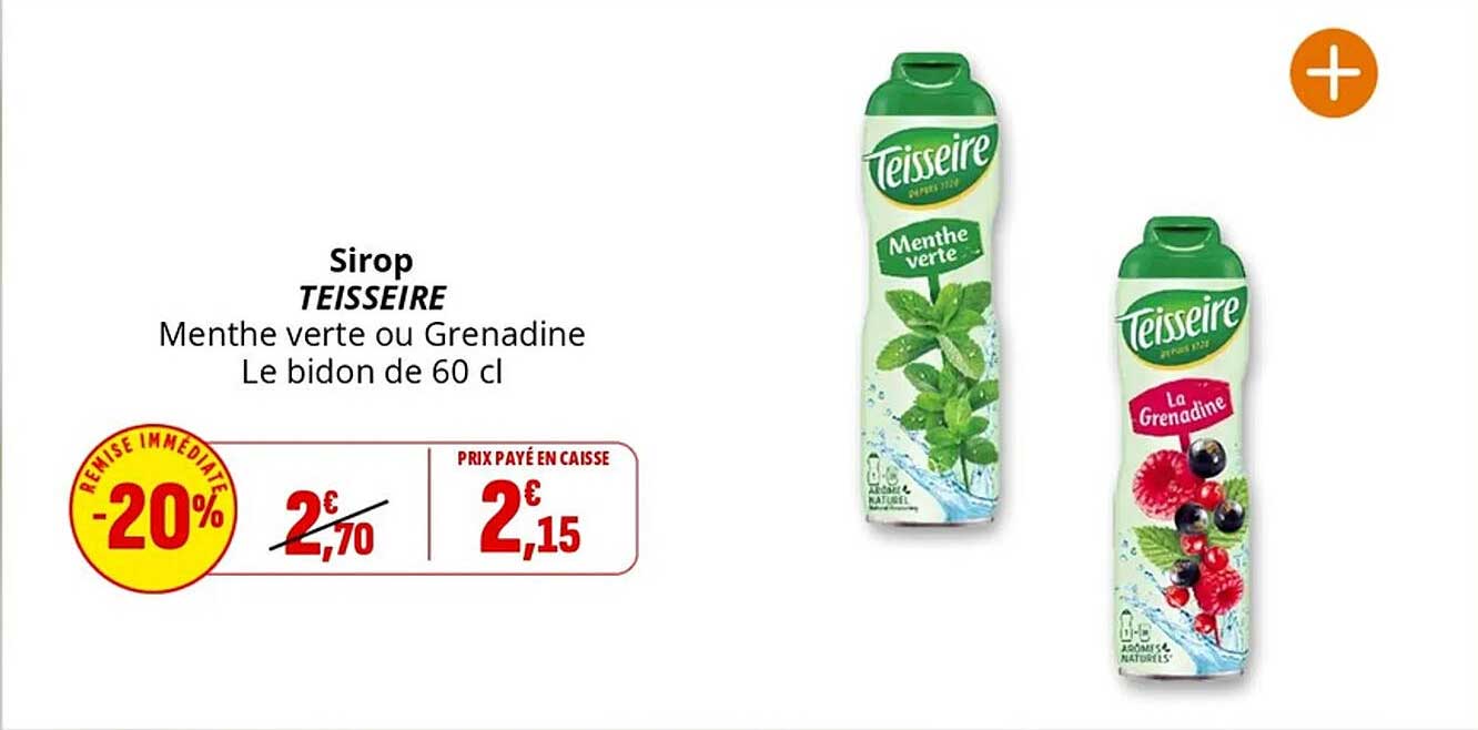 Sirop TEISSEIRE Menthe verte ou Grenadine Le bidon de 60 cl