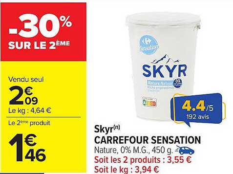 Skyr Carrefour Sensation Nature, 0% M.G., 450 g