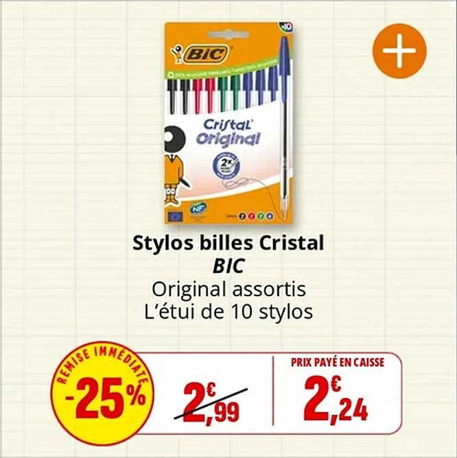 Stylos billes Cristal BIC - Original assortis - L'étui de 10 stylos