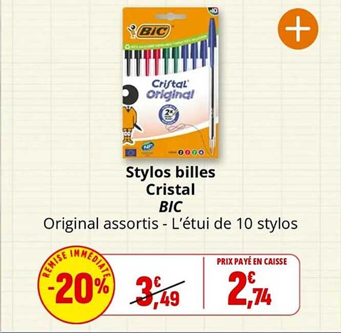 Stylos billes Cristal BIC Original assortis - L'étui de 10 stylos