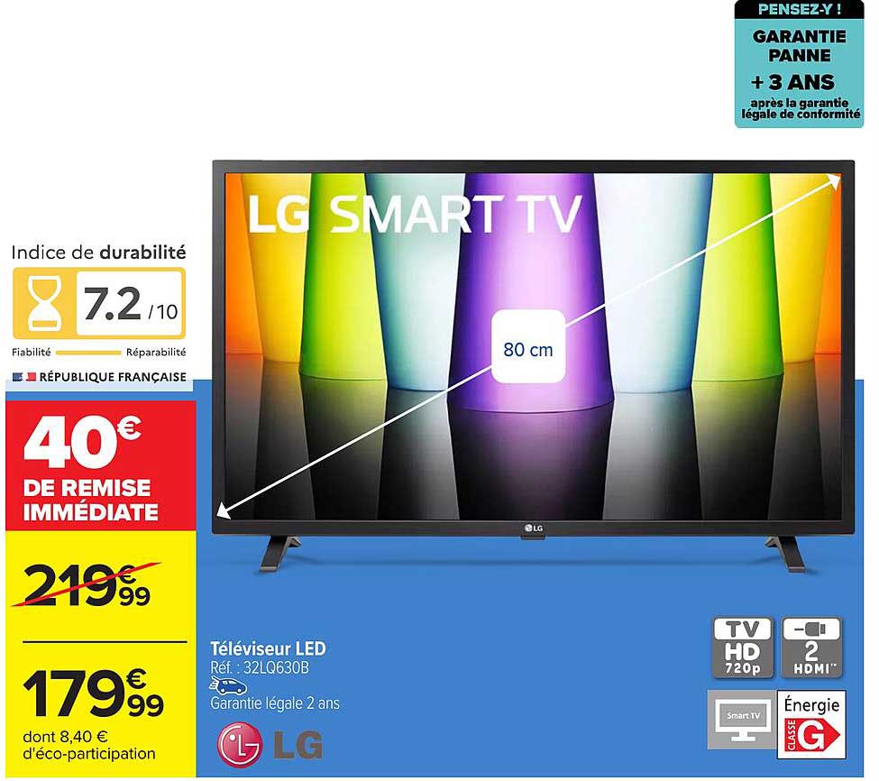 Téléviseur LED LG 80 cm avec 40€ de remise immédiate