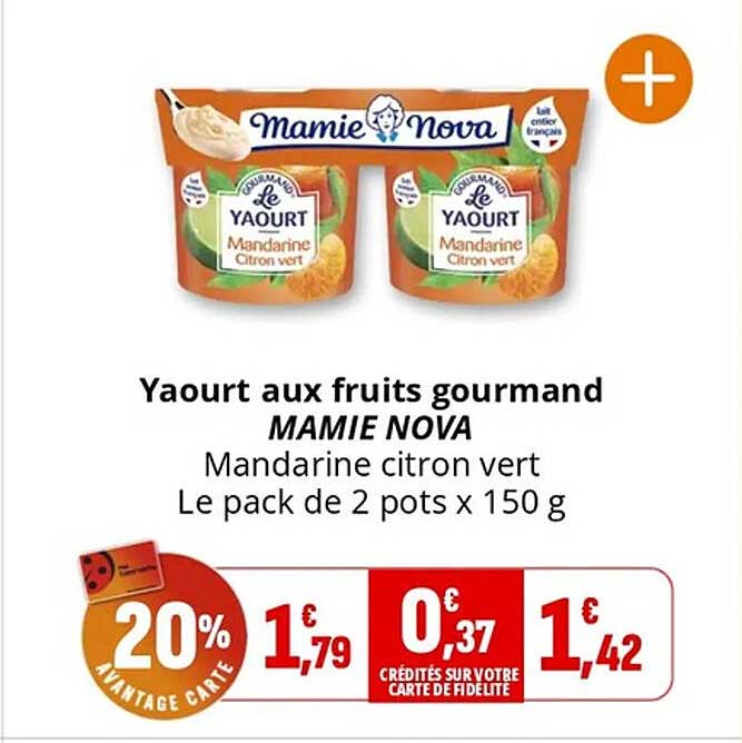Yaourt aux fruits gourmand MAMIE NOVA Mandarine citron vert Le pack de 2 pots x 150 g