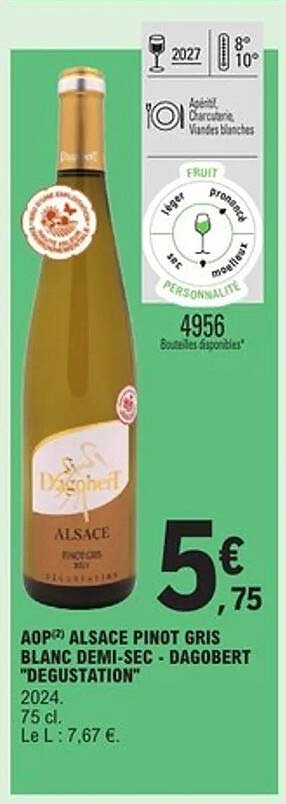 AOP Alsace Pinot Gris Blanc Demi-Sec - Dagobert "Dégustation"