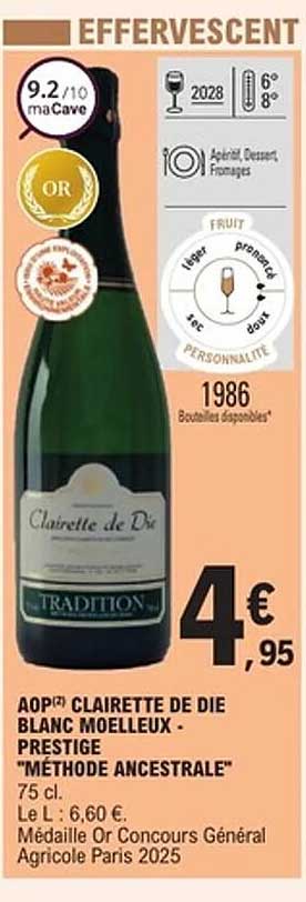AOP(2) CLAIRETTE DE DIE BLANC MOELLEUX - PRESTIGE "MÉTHODE ANCESTRALE" 75 cl