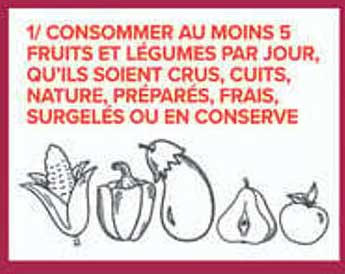 1/ CONSOMMER AU MOINS 5 FRUITS ET LÉGUMES PAR JOUR, QU'ILS SOIENT CRUS, CUITS, NATURE, PRÉPARÉS, FRAIS, SURGELÉS OU EN CONSERVE