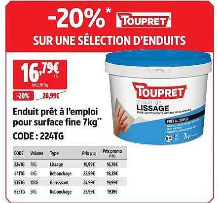 -20%* TOUPRET SUR UNE SÉLECTION D'ENDUITS