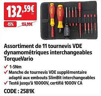 Assortiment de 11 tournevis VDE dynamométriques interchangeables TorqueVario