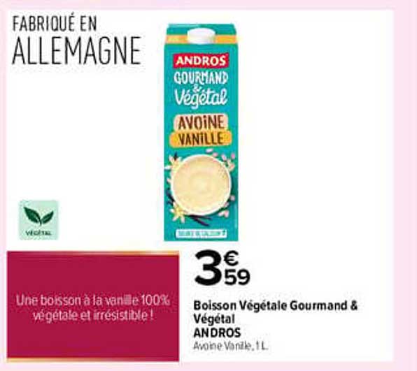Boisson Végétale Gourmand & Végétal ANDROS Avoine Vanille, 1L