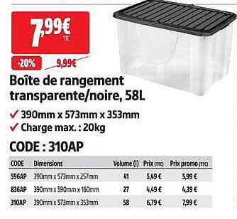 Boîte de rangement transparente/noire, 58L