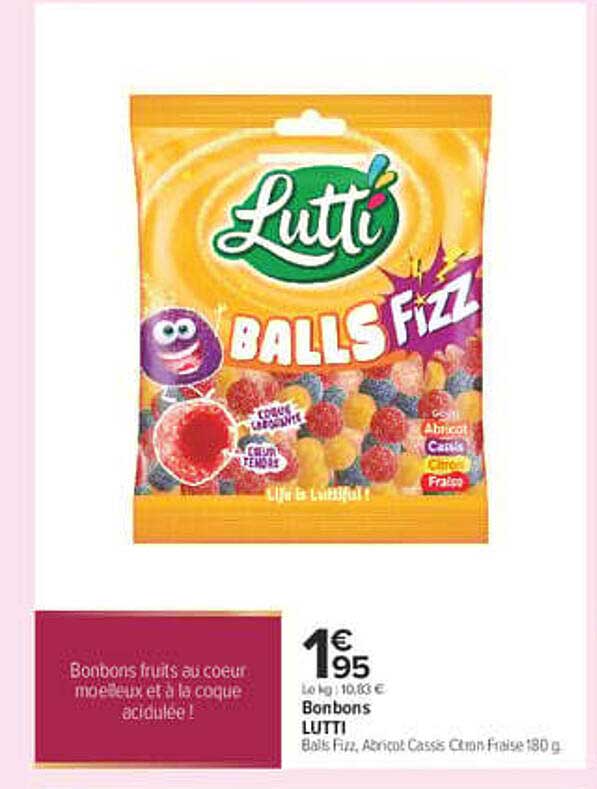 Bonbons LUTTI Balls Fizz, Abricot Cassis Citron Fraise 180 g