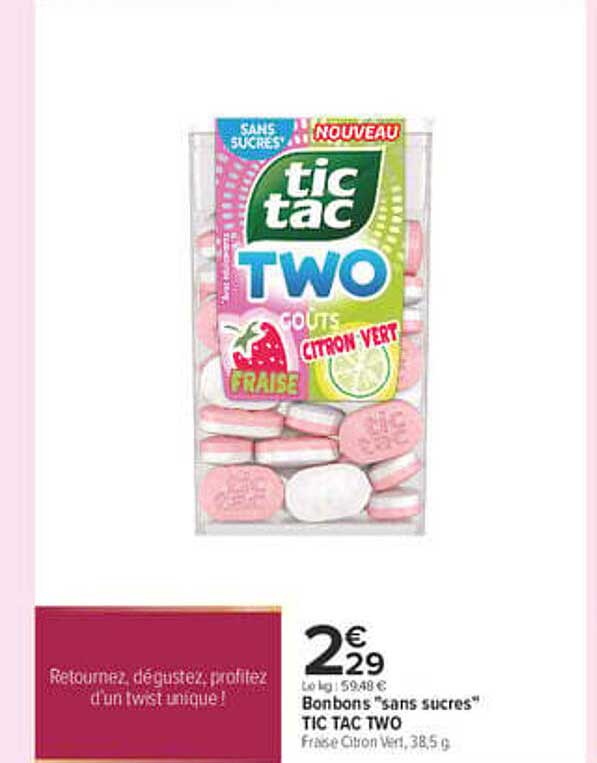 Bonbons “sans sucres” TIC TAC TWO Fraise Citron Vert, 38,5 g
