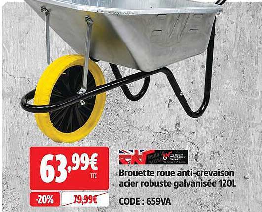Brouette roue anti-crevaison acier robuste galvanisée 120L