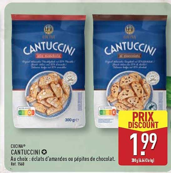 CANTUCCINI Au choix : éclats d’amandes ou pépites de chocolat.