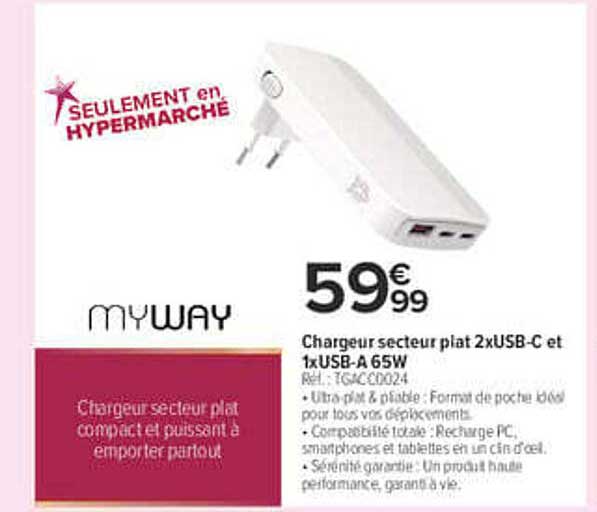 Chargeur secteur plat 2xUSB-C et 1xUSB-A 65W