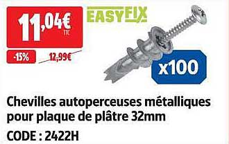Chevilles autoperceuses métalliques pour plaque de plâtre 32mm