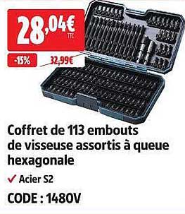 Coffret de 113 embouts de visseuse assortis à queue hexagonale
