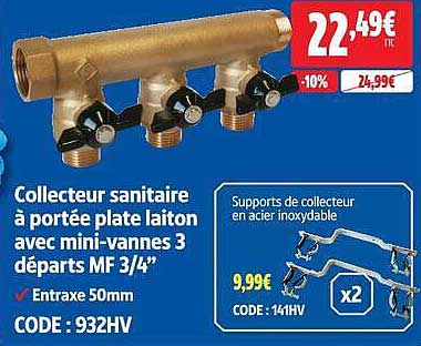Collecteur sanitaire à portée plate laiton avec mini-vannes 3 départs MF 3/4"