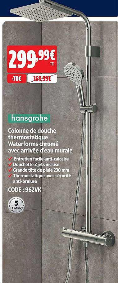 Colonne de douche thermostatique Waterforms chromé avec arrivée d'eau murale