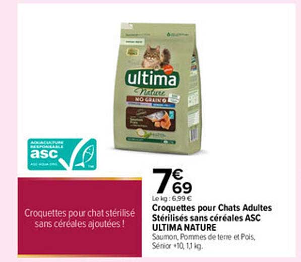 Croquettes pour chats adultes stérilisés sans céréales ASC ULTIMA NATURE