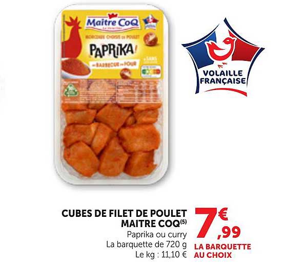 CUBES DE FILET DE POULET MAITRE COQ(5) Paprika ou curry
