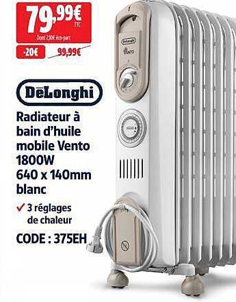 DeLonghi Radiateur à bain d’huile mobile Vento 1800W 640 x 1400mm blanc