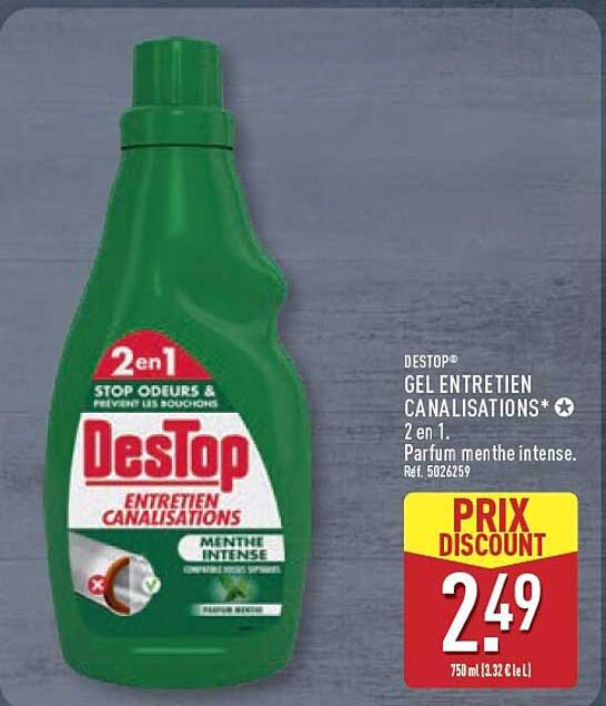 DESTOP® GEL ENTRETIEN CANALISATIONS* 2 en 1. Parfum menthe intense.