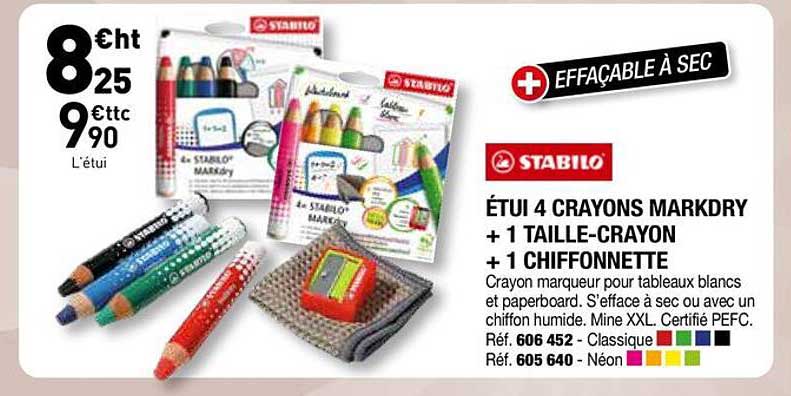 ÉTUI 4 CRAYONS MARKDRY + 1 TAILLE-CRAYON + 1 CHIFFONNETTE