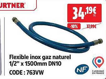 Flexible inox gaz naturel 1/2" x 1500mm DN10