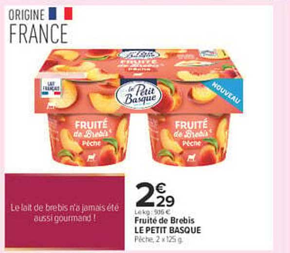 Fruité de Brebis LE PETIT BASQUE Pêche, 2 x 125 g