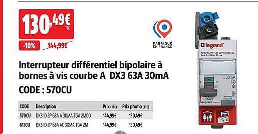 Interrupteur différentiel bipolaire à bornes à vis courbe A DX3 63A 30mA