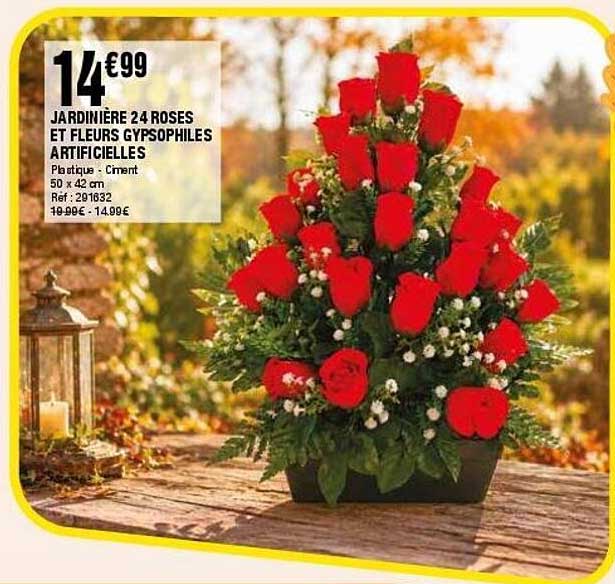 JARDINIÈRE 24 ROSES ET FLEURS GYPSOPHILES ARTIFICIELLES