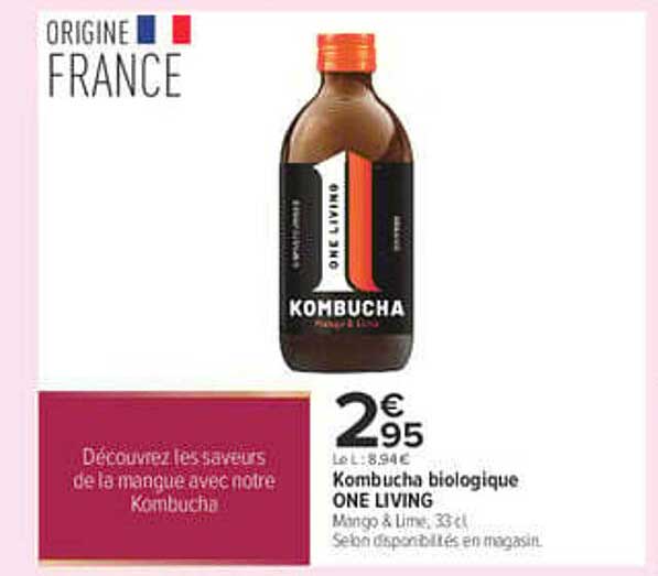 Kombucha biologique ONE LIVING Mangue & Lime, 33cl