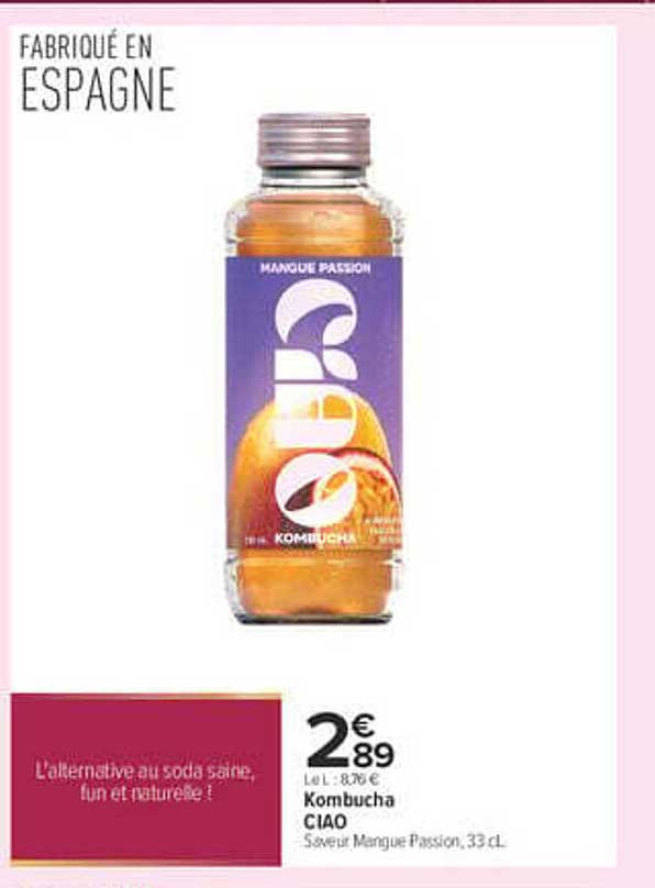 Kombucha CIAO Saveur Mangue Passion, 33 cL