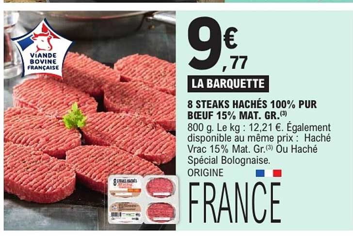 LA BARQUETTE 8 STEAKS HACHÉS 100% PUR BŒUF 15% MAT. GR.
