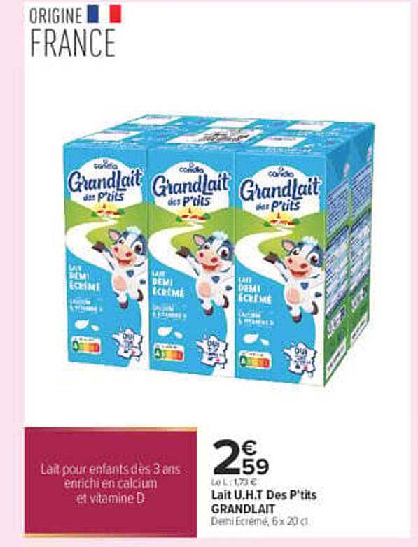 Lait U.H.T Des P'tits GRANDLAIT Demi Ecrémé, 6 x 20 cl